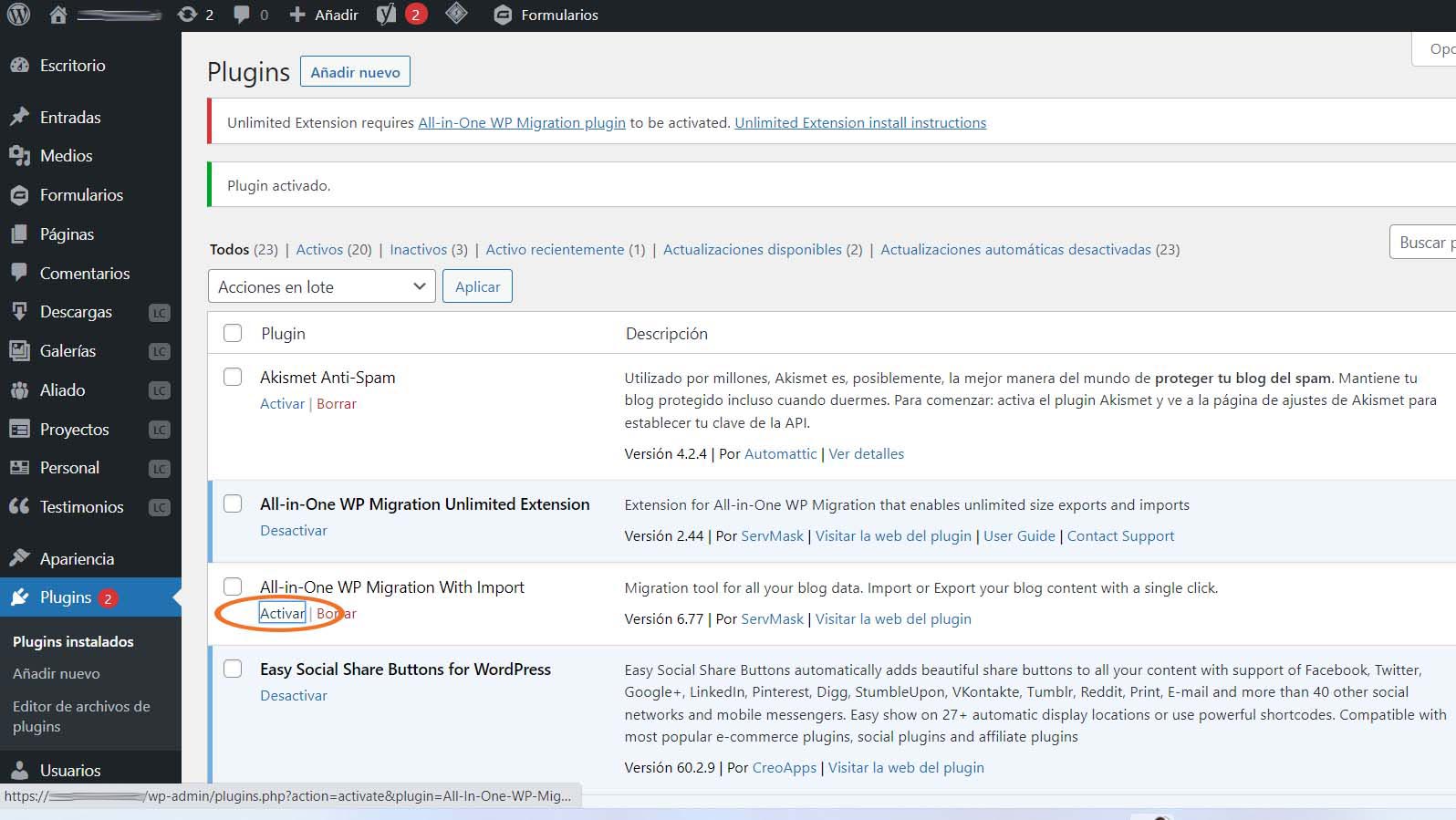 Migrar y salvar sitio web con All in One WP Migration en WordPress 