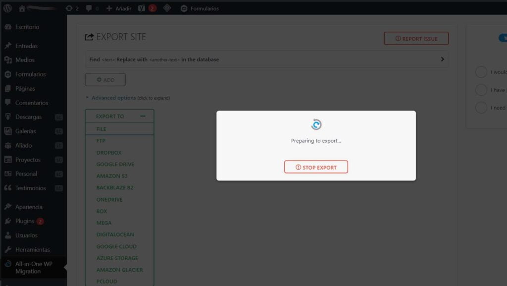 Como exportar sitio web con All in One WP Migration en WordPress 5