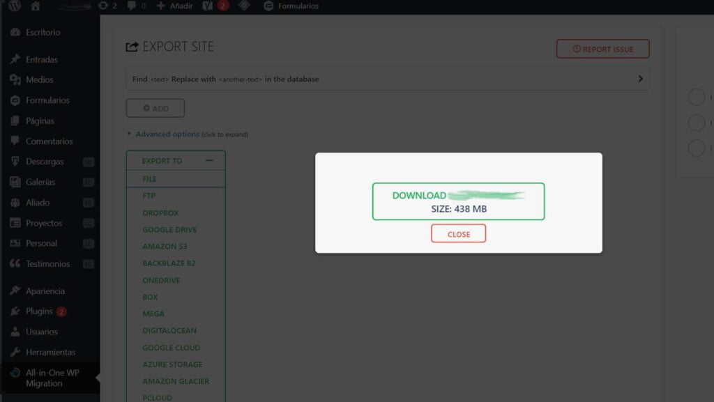 Como exportar sitio web con All in One WP Migration en WordPress 6